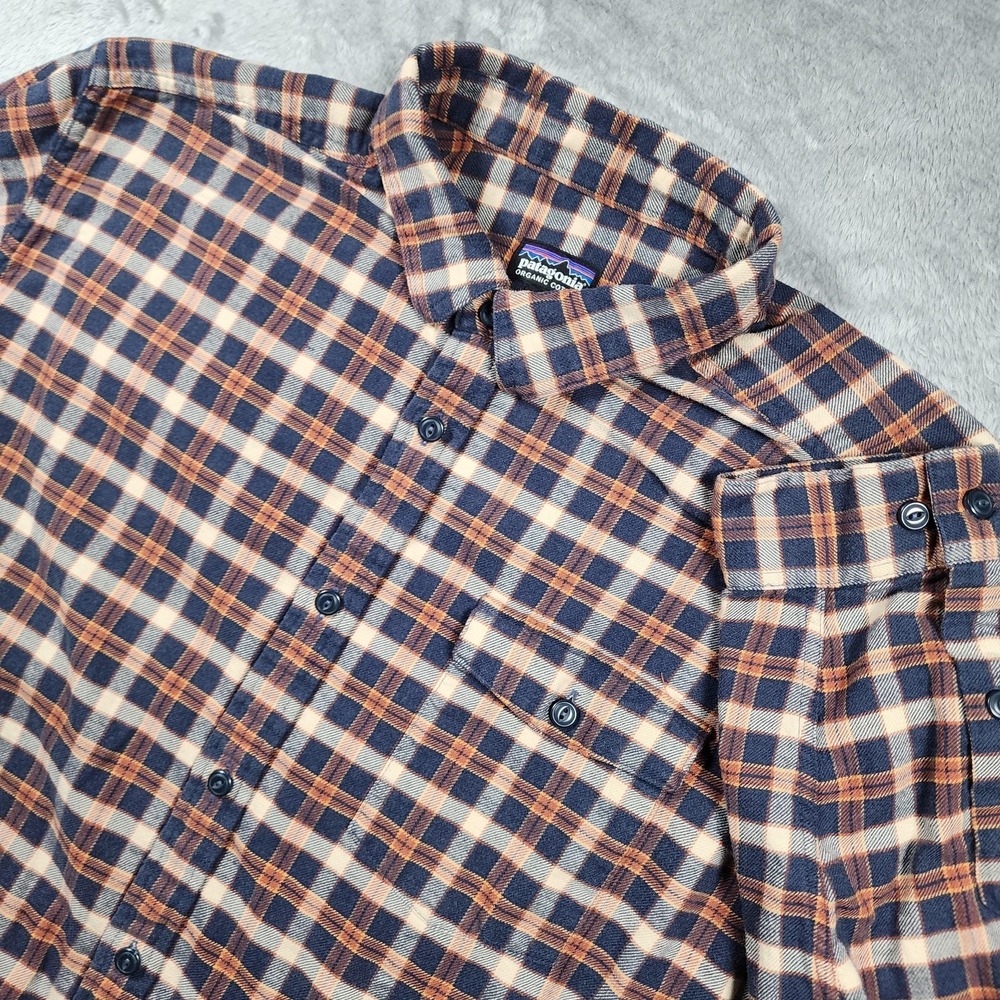 Patagonia Fjord Shirt Mens XL Blue Plaid Organic Cotton Flannel Long Sleeve